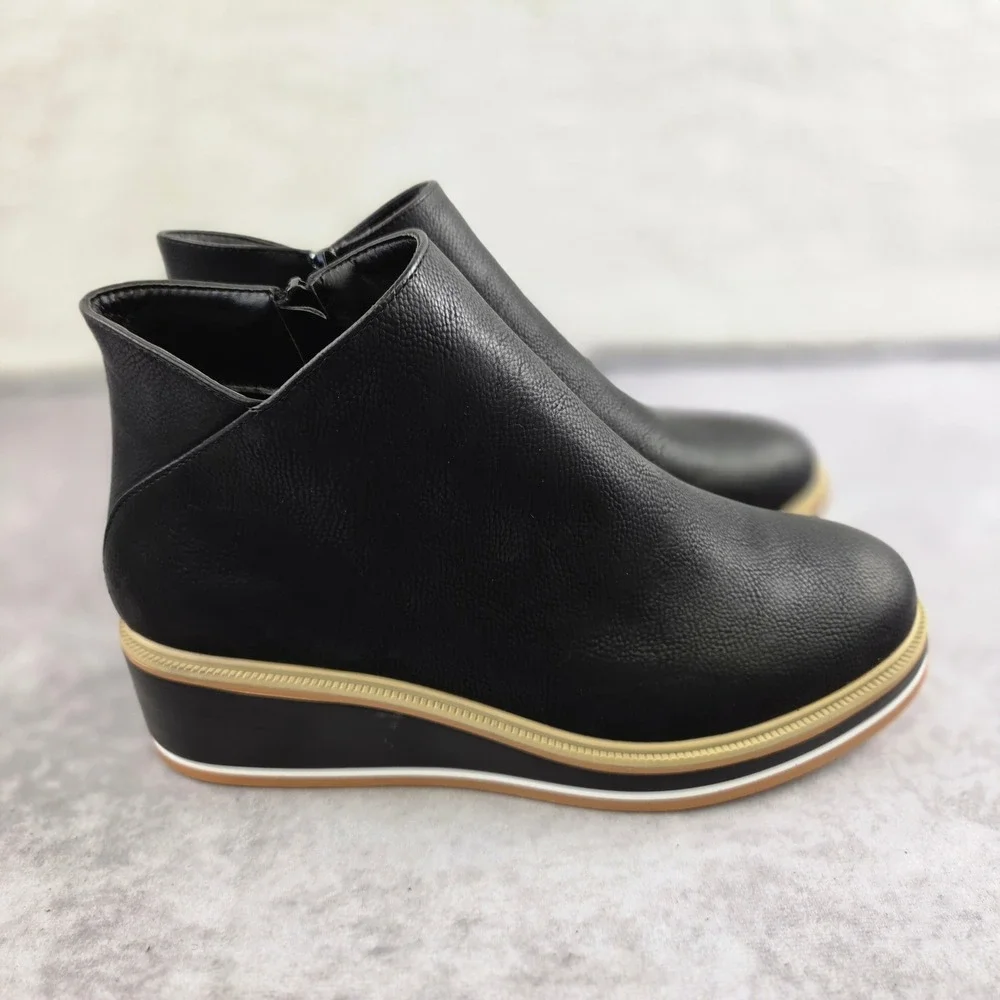 Minstrel Blk Textured Faux Leather Wedge Platform Ankle Boots Side Zip Size 10